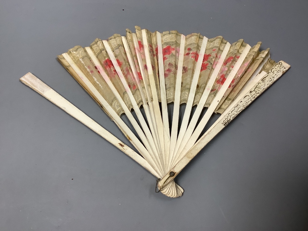 A Brussels lace and ivory fan and four fans